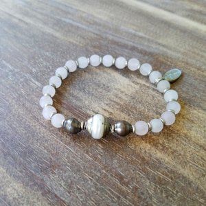 Matte Rose Quartz Bracelet with a Silver Repousse capped Pearl